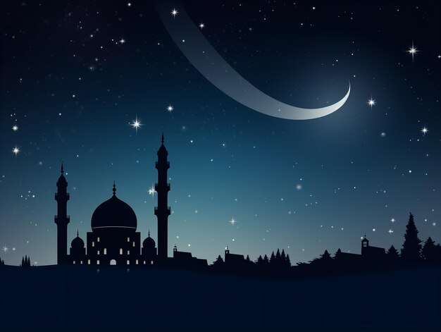 A mosque and a crescent moon in the night sky