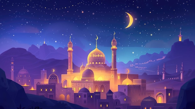 Mosque Crestcent moon Ramadan Greeting Card banner design background illustration 2