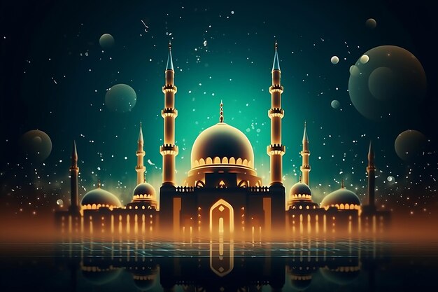 A mosque in a dark space with a planet in the background.