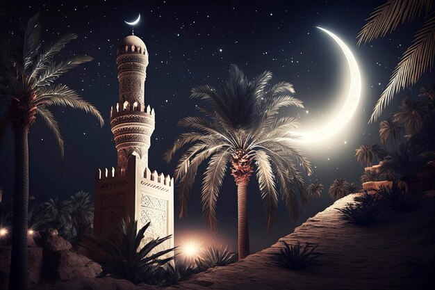 A mosque in the desert with a crescent moon in the background.