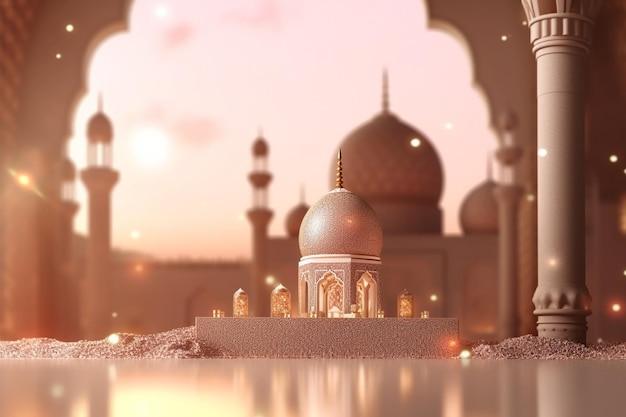 A mosque in a desert with a pink sky in the background.