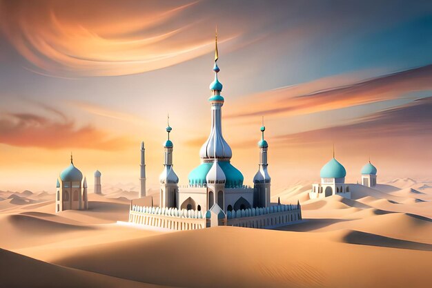 A mosque in the desert with a sky background