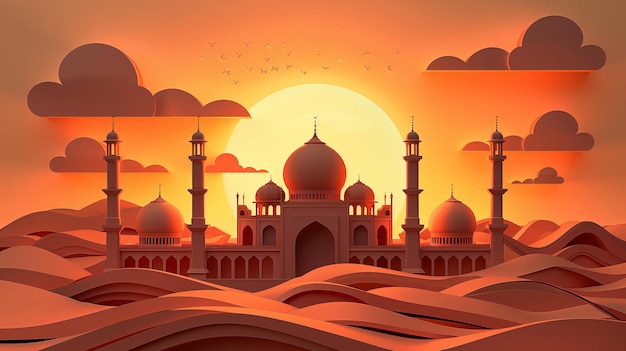 A mosque in between the dessert with a big moon in the background and an illustrative cloud