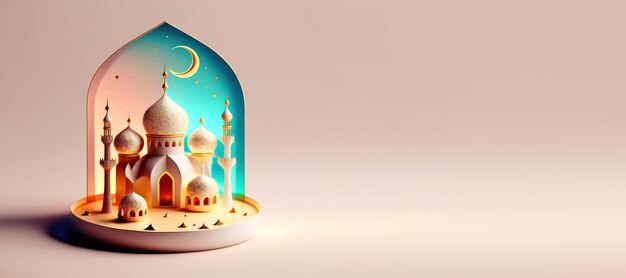 Mosque Digital 3D Illustration for Eid Ramadan Islmic Celebration Background with Copy Space