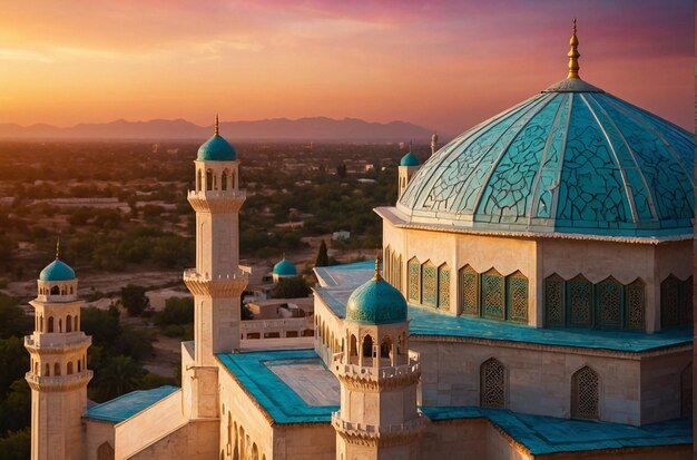 Mosque dome against a vibrant sunset sky