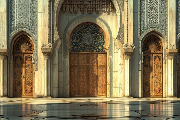 mosque door at sunset The mosque is decorated with Islamic patterns