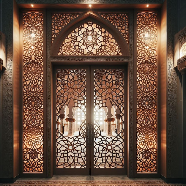 Photo mosque door with intricate lattice woodwork and inner mosque lights creating warm backdrop