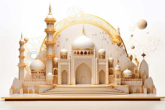 Mosque element in ornate arabic islamic architecture style interior white golden colors ai