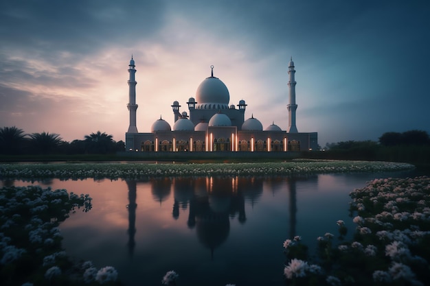 A mosque in the evening with a cloudy sky