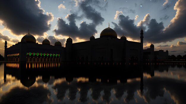 A mosque in the evening with the lights reflecting on the water.