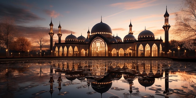 A mosque in the evening with the moon in the background