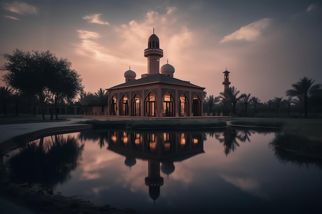 A mosque in the evening with a pond and a reflection of the sky.