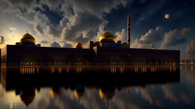 A mosque in the evening with the sky behind it