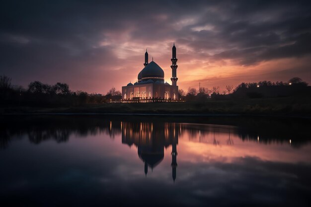 A mosque in the evening with the sky behind it