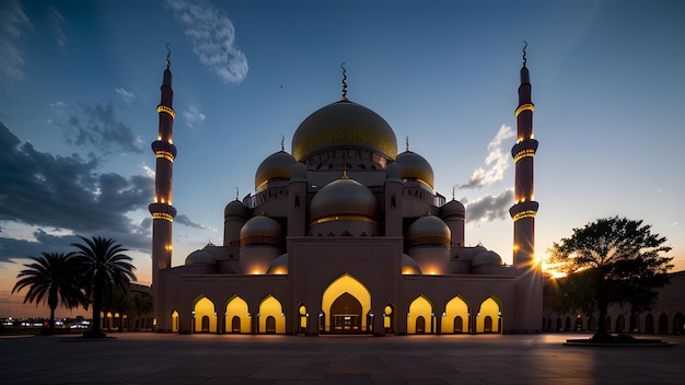 A mosque in the evening with the sun shining on it.