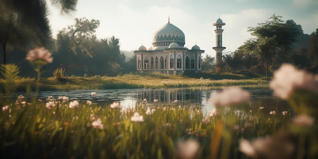 A mosque in a field of grass with a lake in the foreground