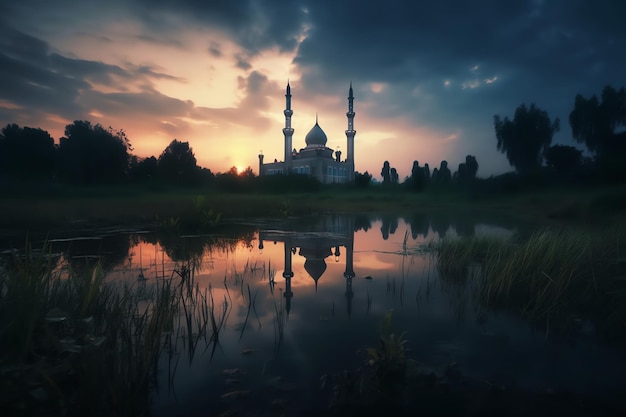 A mosque in a field with a cloudy sky