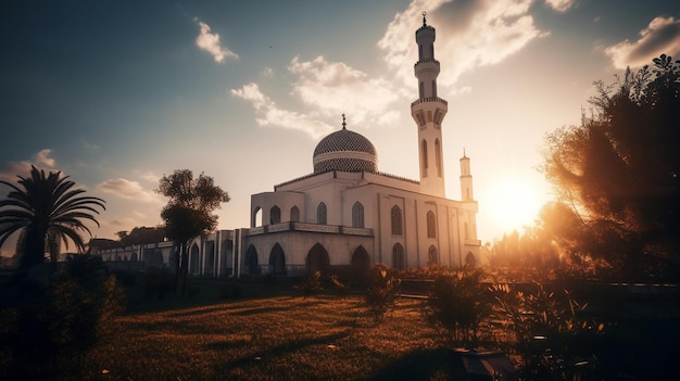 A mosque in a field with the sun setting behind it