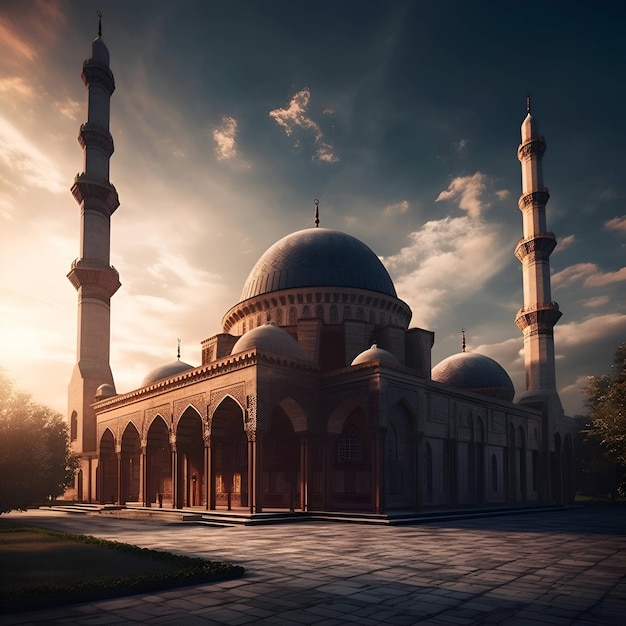 Mosque in the fog at sunset 3d render illustration