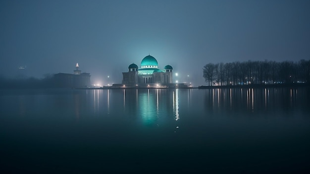 A mosque on a foggy night with the lights on.