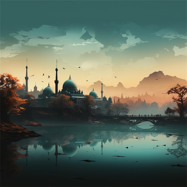 Mosque in the forest at sunset Vector illustration of a cartoon style