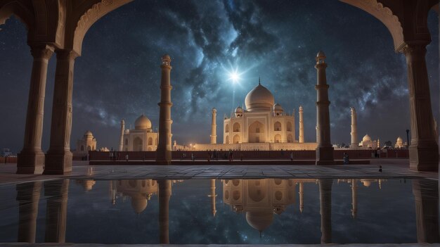 a mosque under a full moon at night