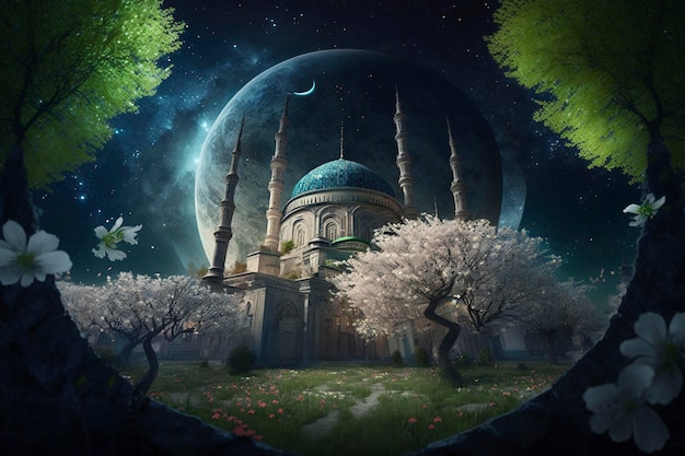 우주 공간 이슬람 배경에서 모스크와 정원 배경