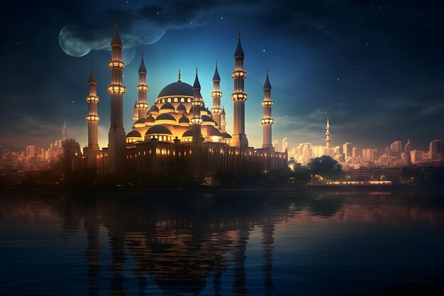 真夜中の空の月光でモスクが輝く