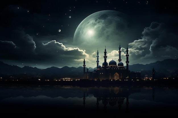자정 하늘의 달빛에서 모스크의 빛