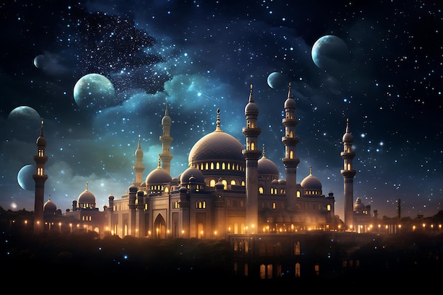자정 하늘의 달빛에서 모스크의 빛