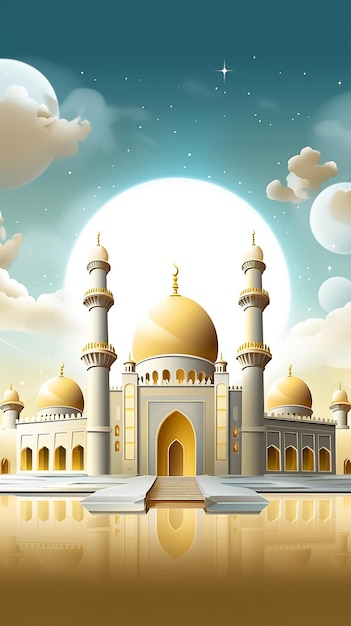 Mosque golden white 3d render view for background greeting happy eid