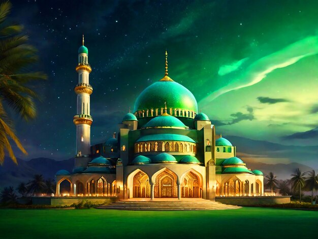 Mosque High Quality Image of Green Color Night Scene