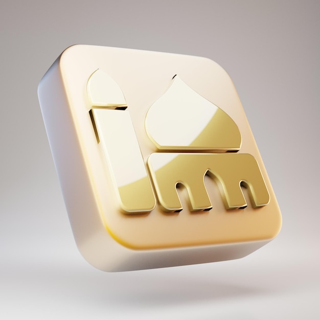 Mosque icon. Golden Mosque symbol on matte gold plate. 3D rendered Social Media Icon.