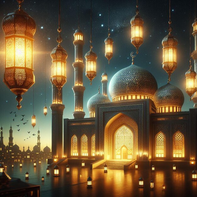 라마단 의 영적 의미 를 상징 하는 등불 의 빛 으로 조명 된 모스크