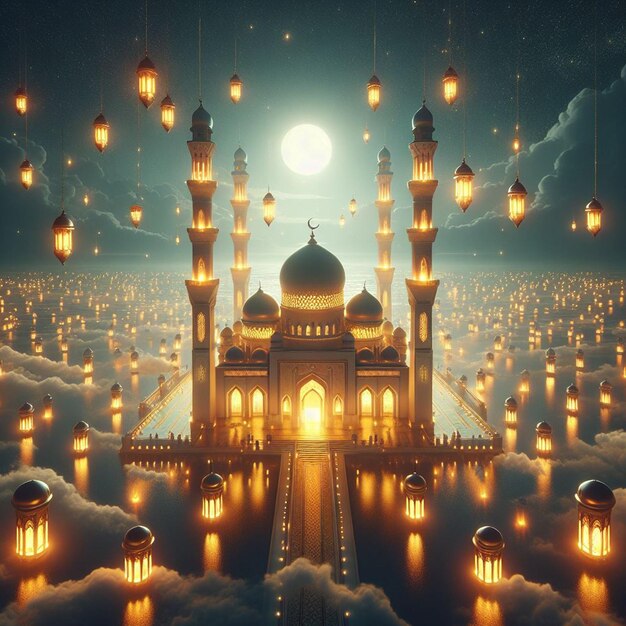 A mosque illuminated by the glow of lanterns symbolizing the spiritual significance of Ramadan
