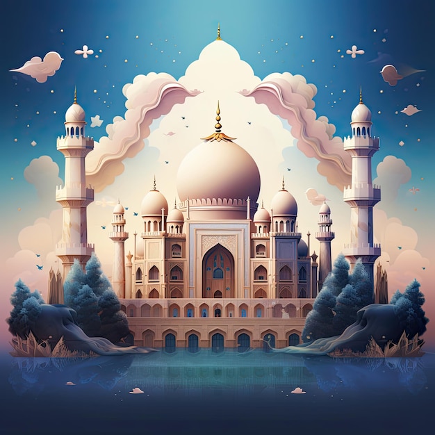 Иллюстрация мечети на фоне исламского дизайна