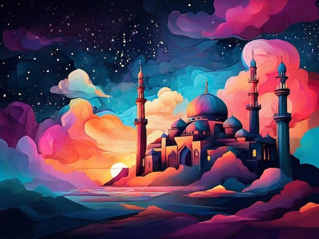 Mosque illustration for Ramadhan kareem greeting Islamic holy month Eid Mubarak