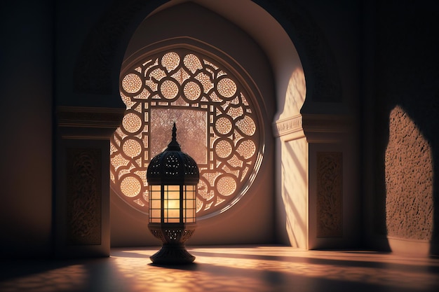 mosque inside Islamic pattern Interior door and window with Arabic lantern