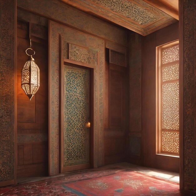 Mosque inside islamic pattern interior door and window with arabic lantern