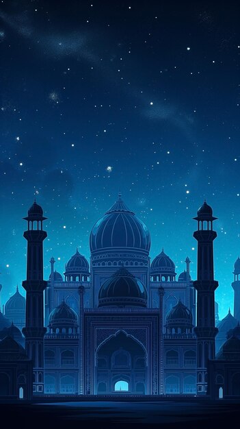 モスクは夜空で星で照らされており背景は青い輝きです