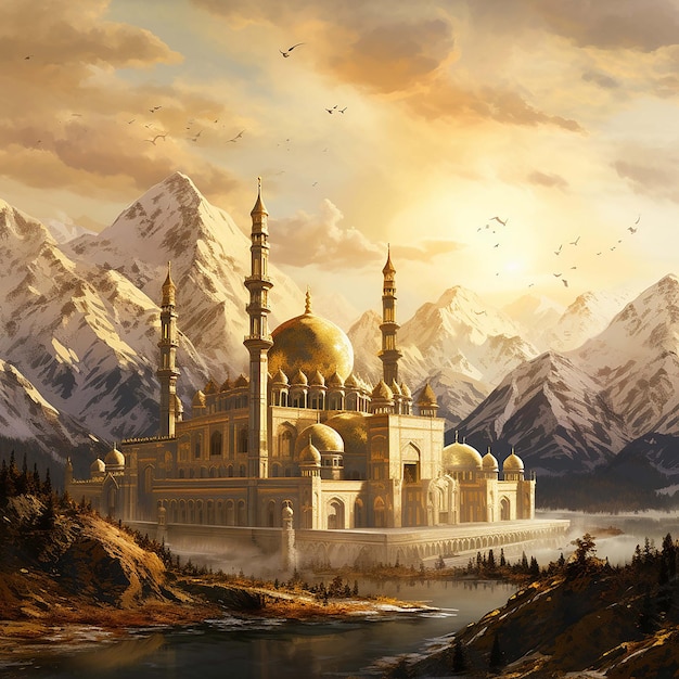 The mosque is at the top of the mountain with a golden color and is surrounded by high mountains