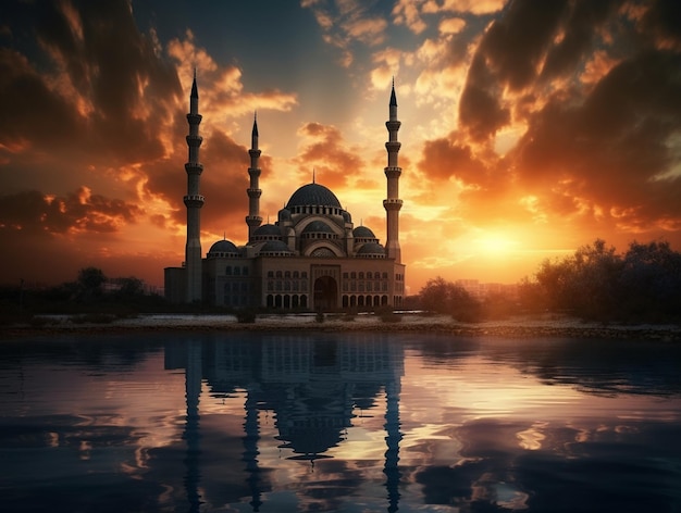 Photo a mosque in istanbul at sunset with clouds and a sunset