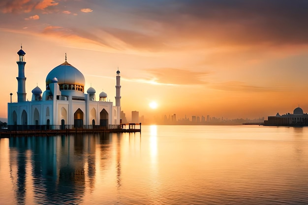 A mosque in a lake with a city in the background