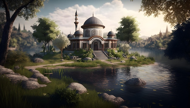 背景に湖がある湖の上のモスク