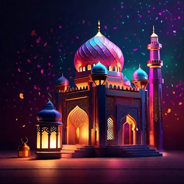 A mosque and a lantern with glowing evening light generated by AI