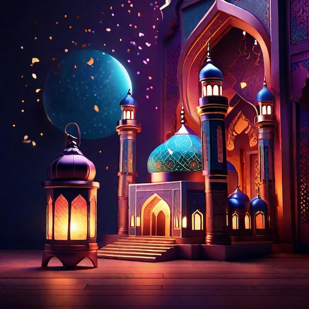 A mosque and a lantern with glowing evening light generated by ai