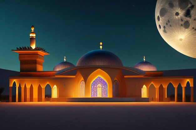 A mosque lit up at night with a crescent in the sky ai generated