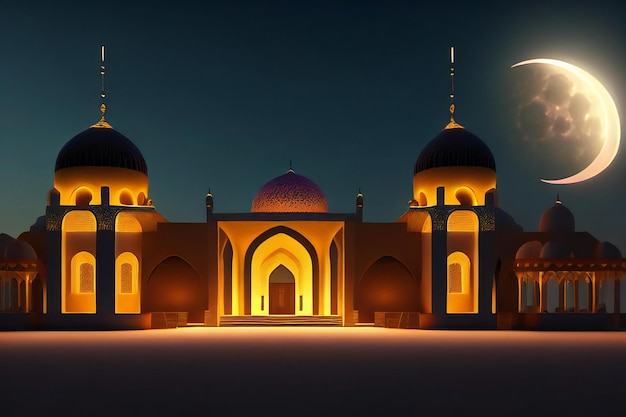 Foto una moschea illuminata di notte con una mezzaluna nel cielo