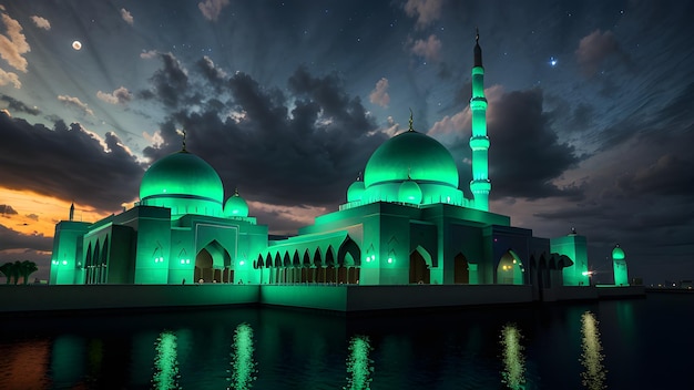 녹색 불빛으로 밤에 불을 밝힌 모스크.