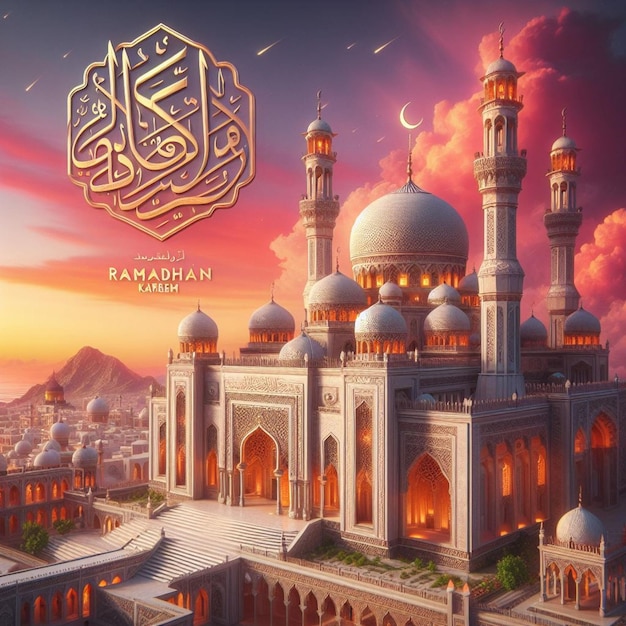 шедевр мечети гиперреалистический Рамадан Карим баннер с сложными деталями закат оттенков